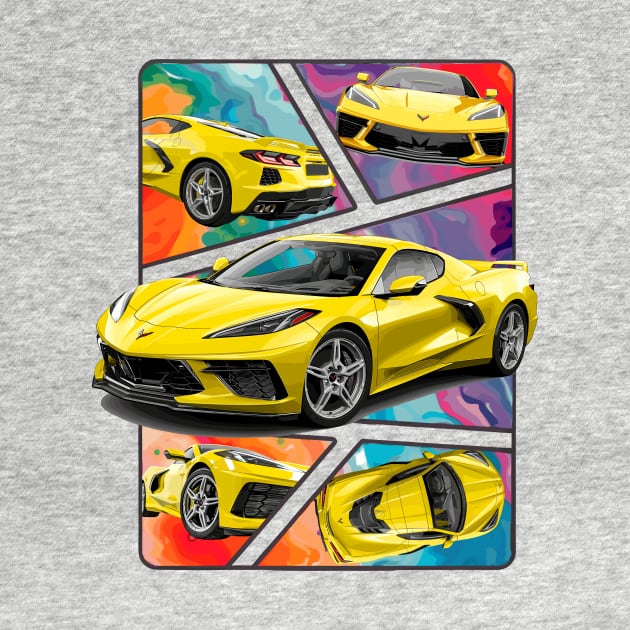 Multiple Angles of the Accelerate Yellow C8 Corvette Presented In A Bold Vibrant Panel Art Display Supercar Sports Car Racecar Accelerate Yellow Corvette C8 by Tees 4 Thee